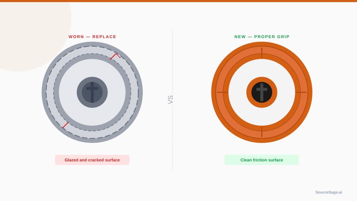 Worn Kubota M-series clutch disc (left) next to a new replacement unit — the friction material on the worn disc is glazed and thin