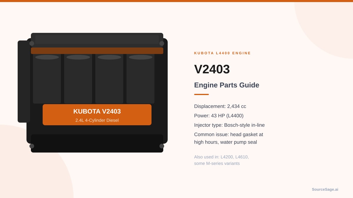 Enjin diesel Kubota V2403 4-silinder, bersih dan terjaga, menunjukkan penutup injap dan pam suntikan