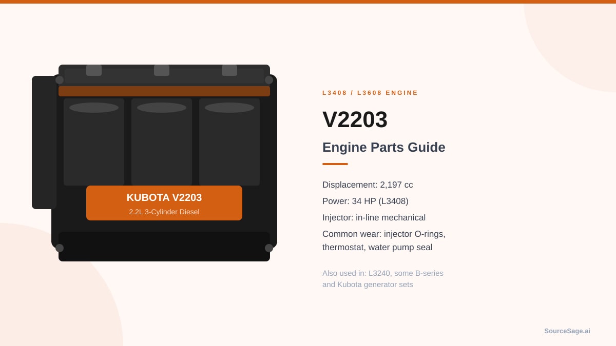 Enjin diesel Kubota V2203 4-silinder seperti yang terdapat dalam L3408 dan L3608 — blok sama, kalibrasi suntikan berbeza